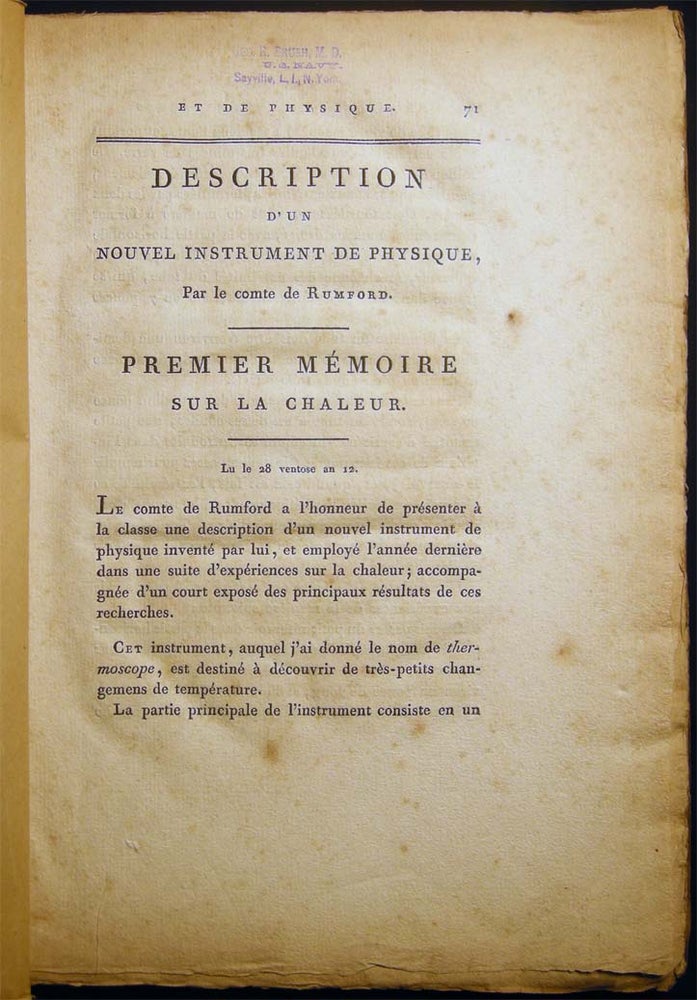 Item #27116 Description d'Un Nouvel Instrument De Physique, Par Le Comte De Rumford. History of Science - 19th Century - Climate - Count Rumford.