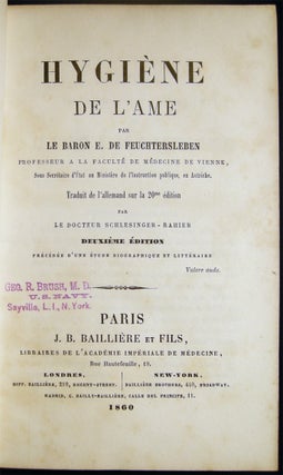 Hygiene De L'Ame Par Le Baron E. De Feuchtersleben...traduit De L'Allemand Sur Ala 20me Edition Par Le Docteur Schlesinger - Rahier