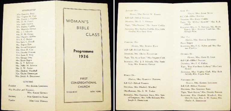 Item #8529 Woman's Bible Class Programme 1936 First Congregational Church Riverhead New York. First Congregational Church.
